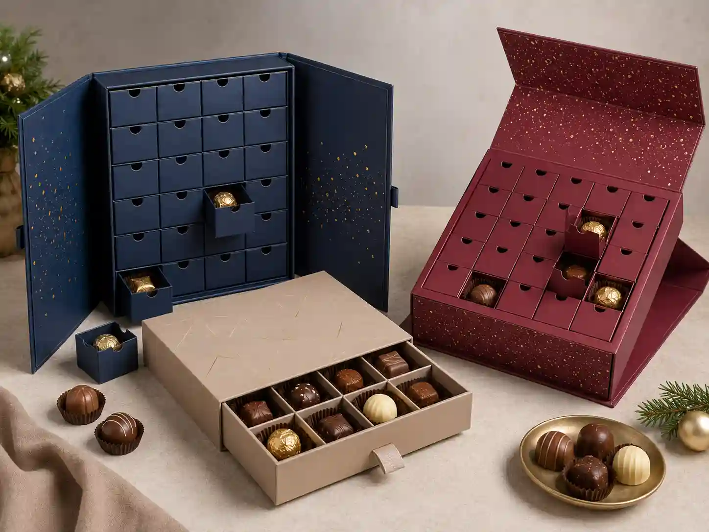 Finished chocolate advent calendar box samples showing different structures and fitted inserts for B2B seasonal packaging design