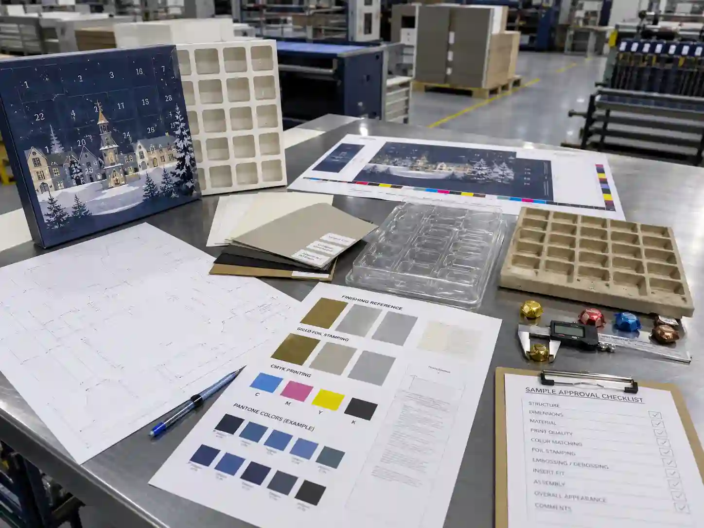 Chocolate advent calendar box development table with dielines material swatches insert samples and artwork proof for production planning