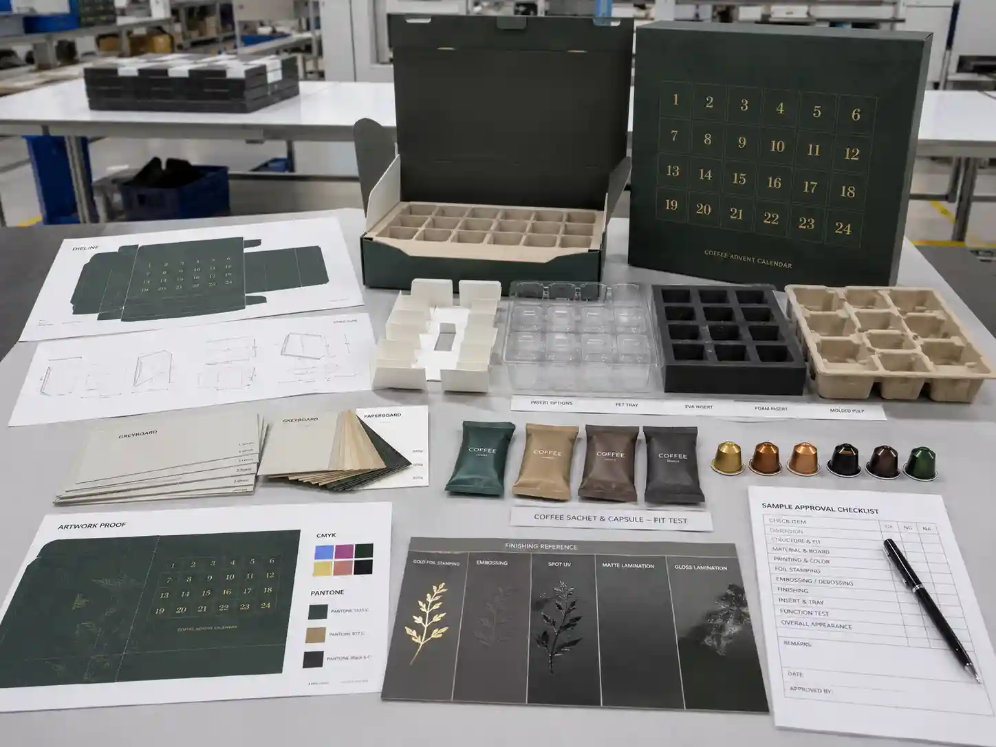 Coffee advent calendar box production planning table with dielines, material swatches, insert samples, artwork proof, and sample approval checklist