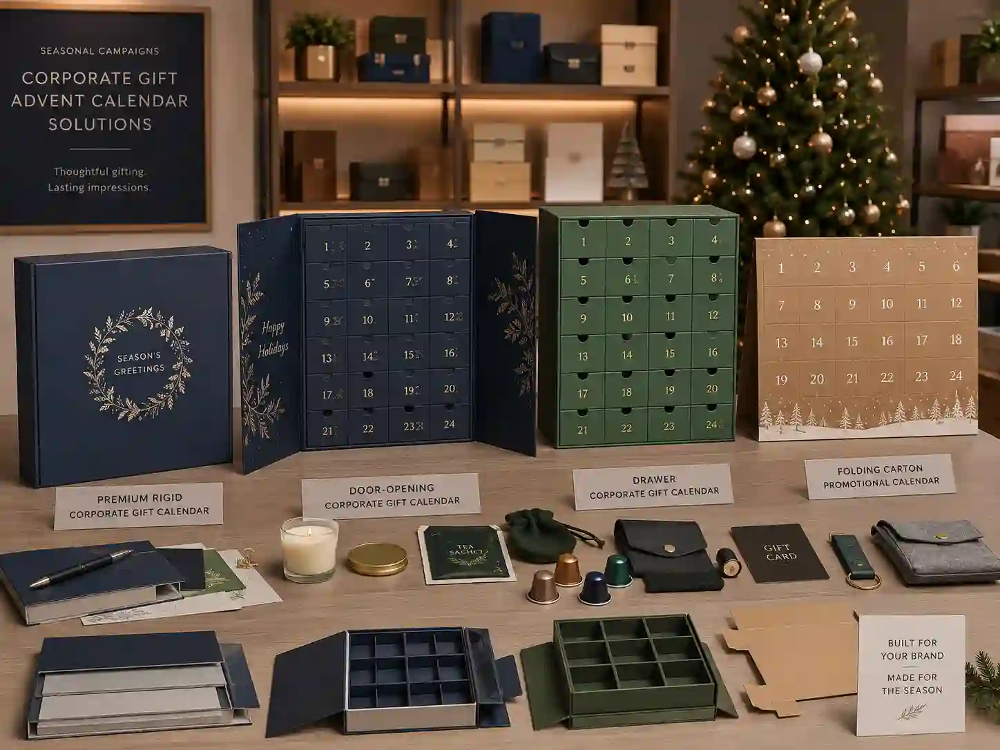Finished corporate gift advent calendar box structure comparison with generic sample gifts and numbered compartments