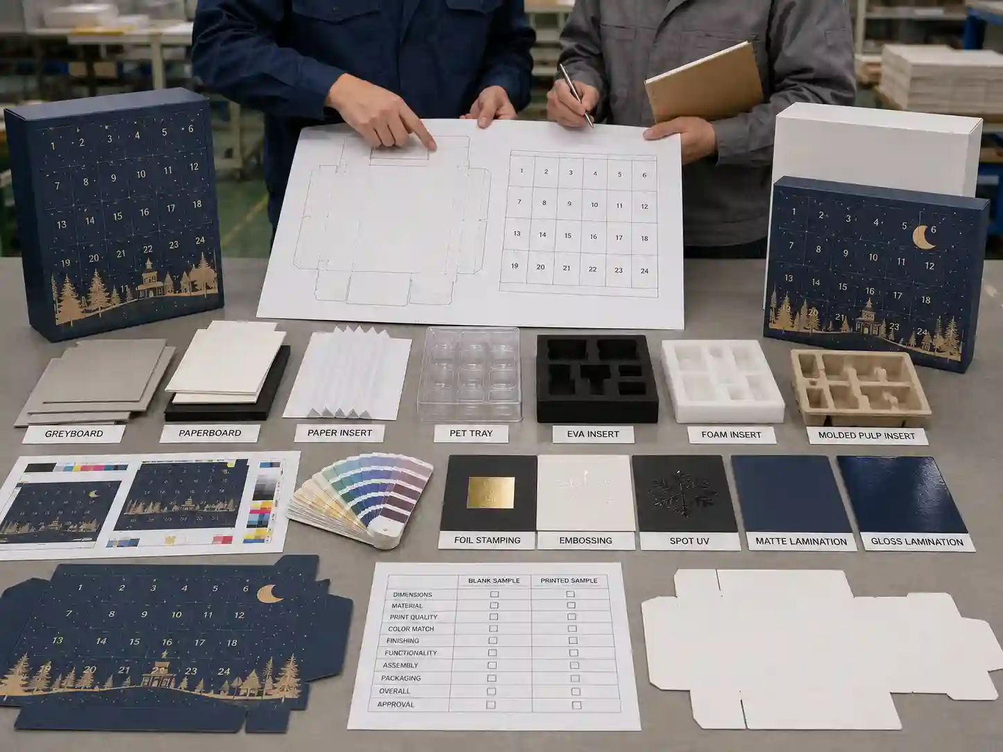 Corporate gift advent calendar box production planning table with dielines material swatches inserts and artwork proofs
