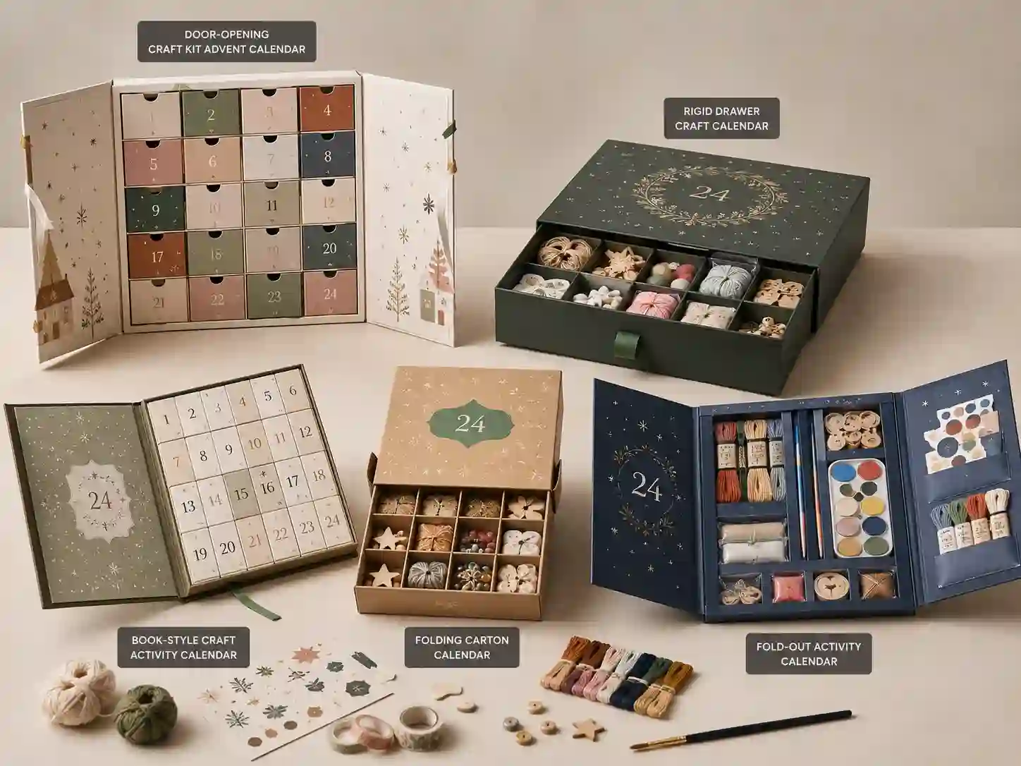Finished craft kit advent calendar box samples comparing door-opening, drawer, book-style, folding carton, and fold-out structures for seasonal campaigns
