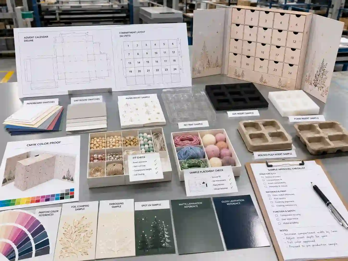 Craft kit advent calendar box production planning table with dielines, insert samples, material swatches, color proof, and sample approval notes