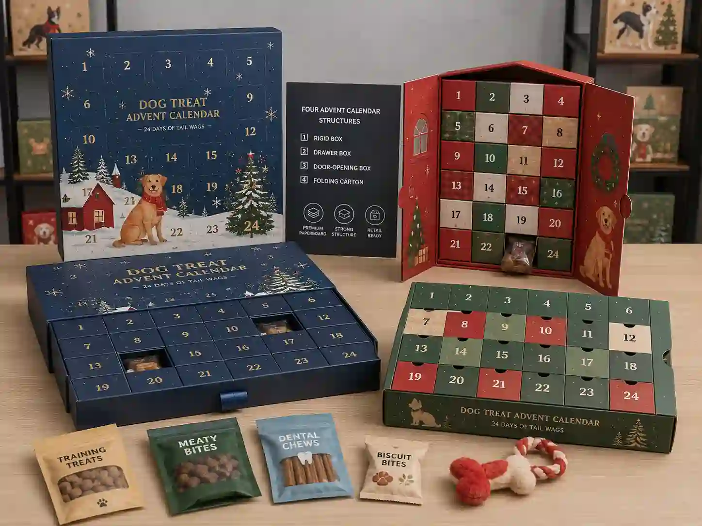 Finished sample comparison of dog treat advent calendar boxes for retail and e-commerce seasonal campaigns