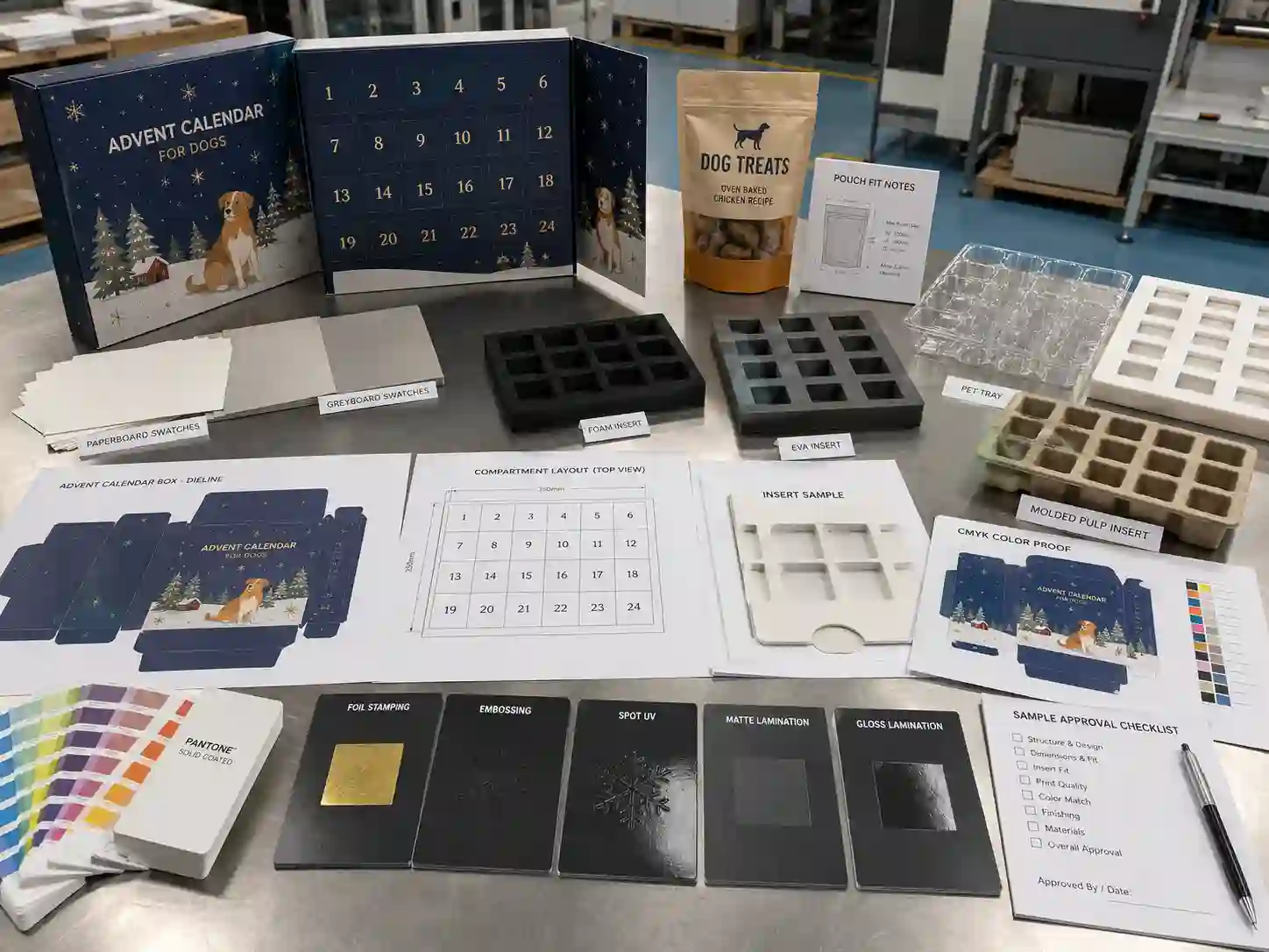 Factory planning table with dielines inserts material swatches and artwork proofs for dog treat advent calendar boxes