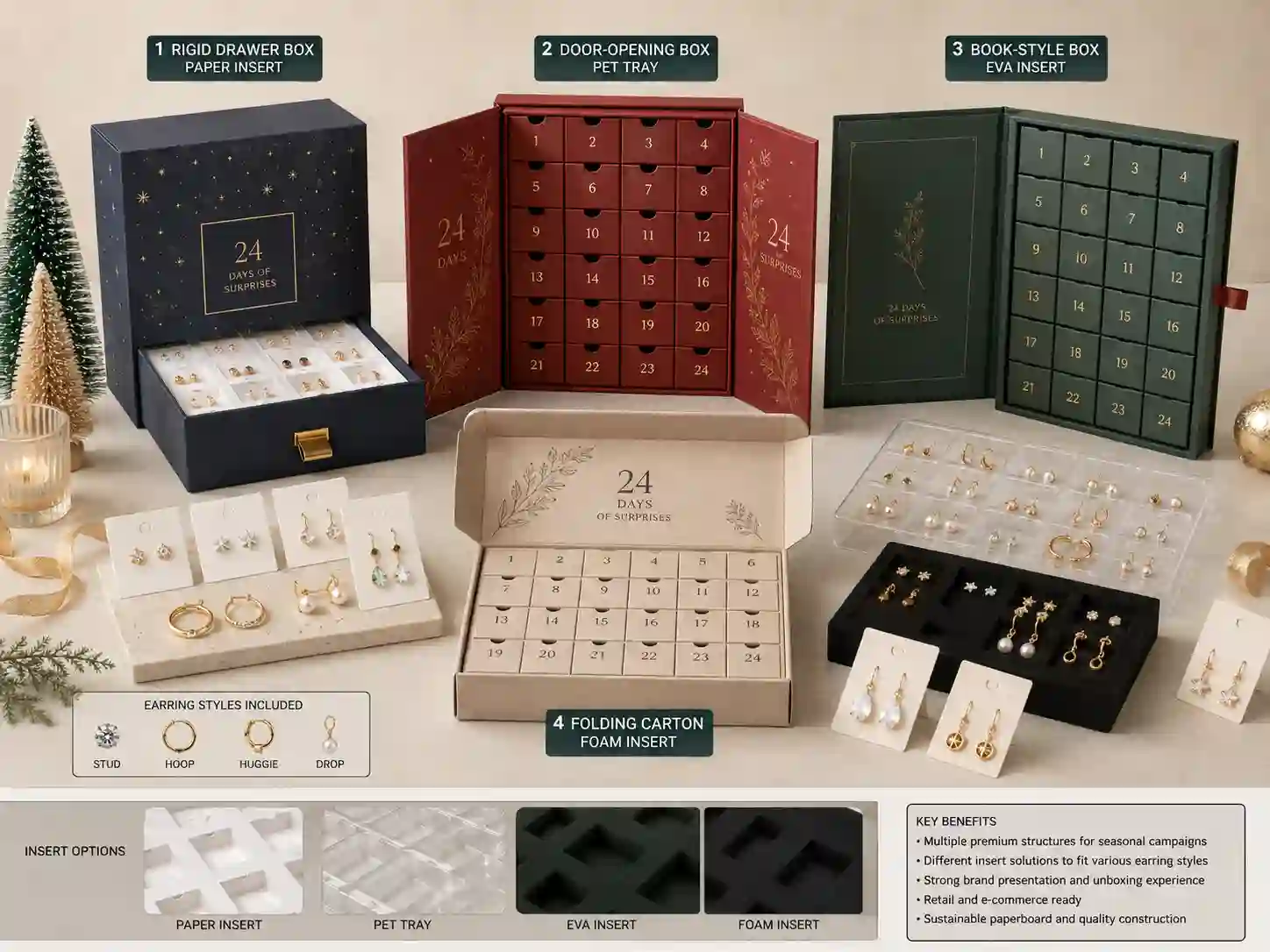Finished earring advent calendar box samples comparing drawer, door-opening, book-style, and folding carton structures with fitted inserts.