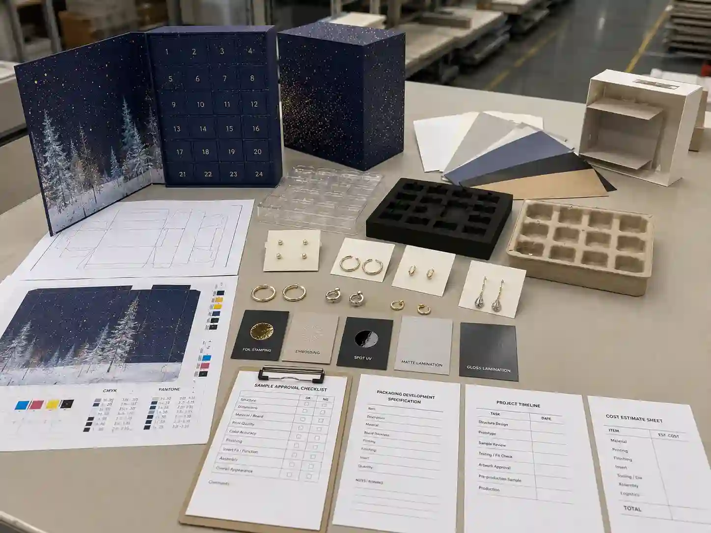Factory development table showing dielines, material swatches, insert samples, artwork proof, and earrings for advent calendar packaging review.