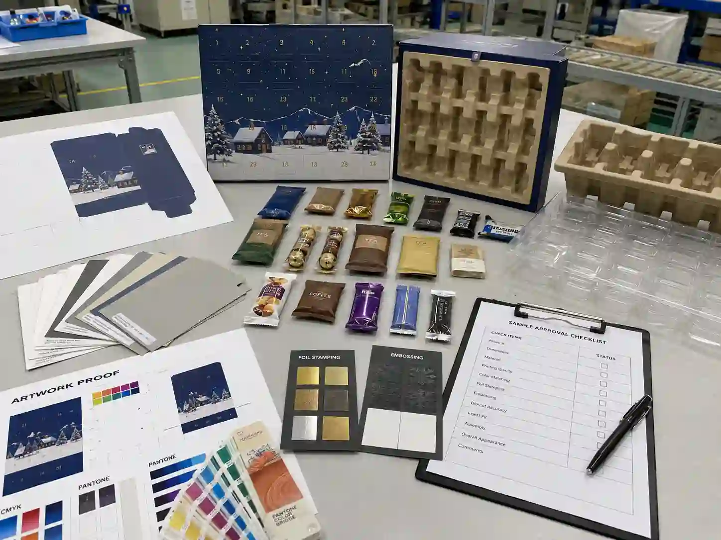 Dieline, material swatches, insert samples, and artwork proof for custom food advent calendar box development