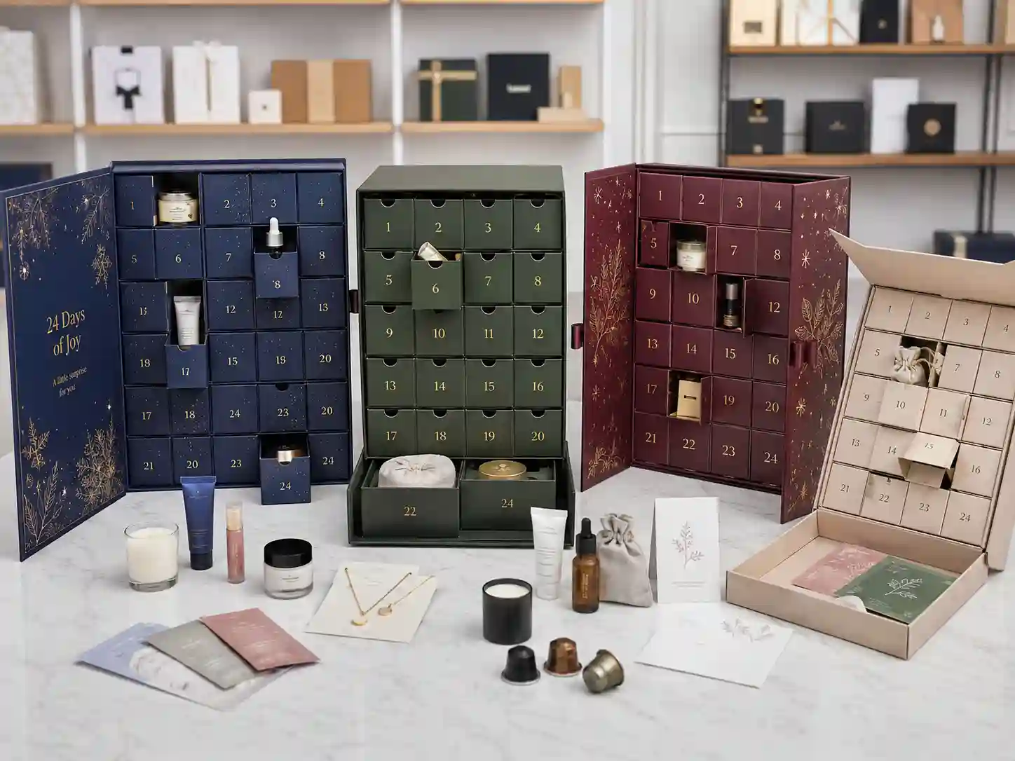 Finished influencer gift advent calendar box samples with different structures, inserts, and seasonal campaign applications