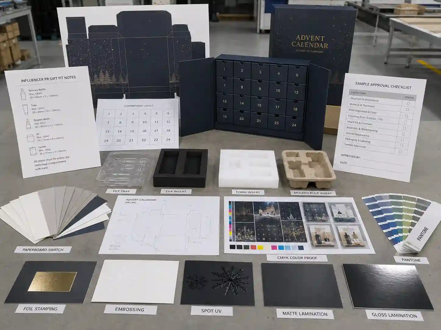 Factory planning table for influencer gift advent calendar boxes with dielines, material swatches, insert samples, and artwork proofs