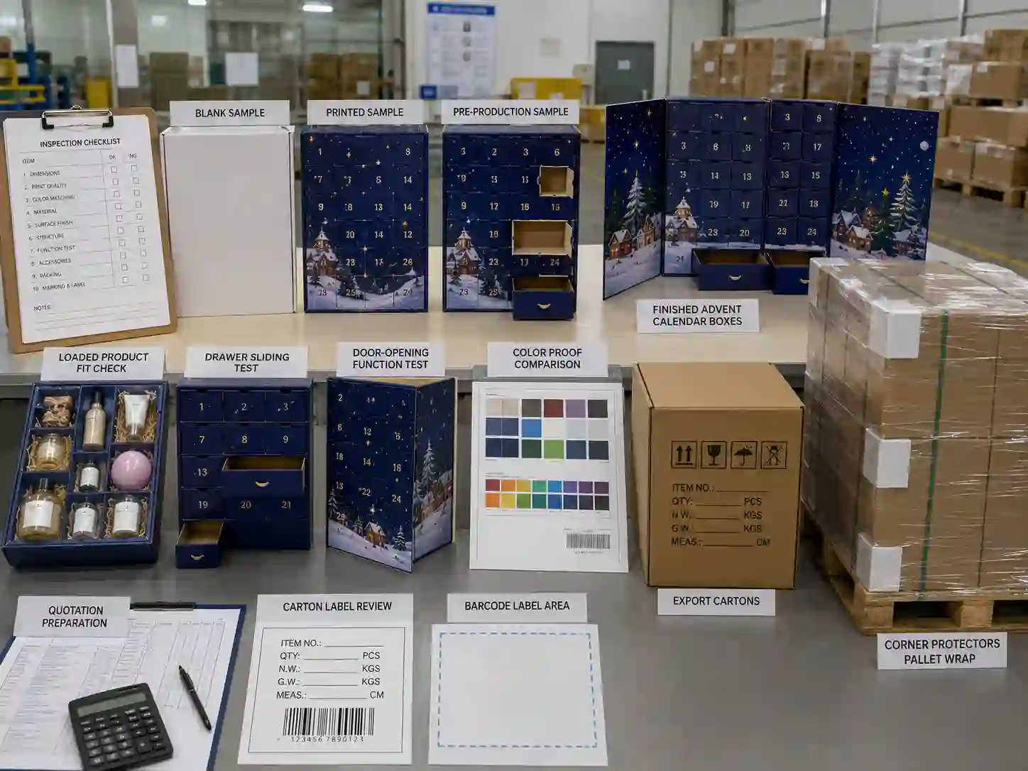 QC and export packing review for influencer gift advent calendar boxes with samples, cartons, pallet wrap, and quotation documents