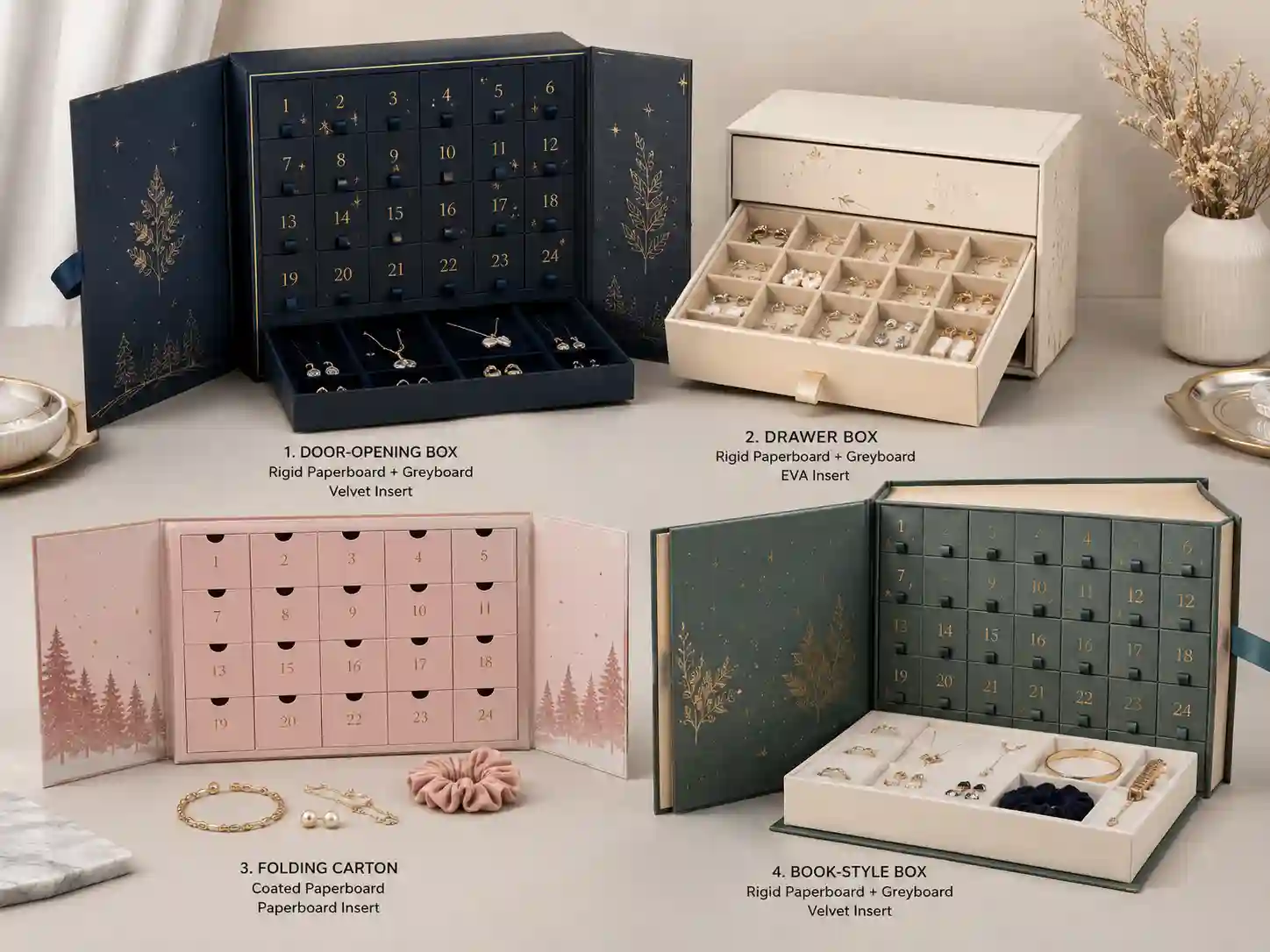 Finished jewelry advent calendar box structure comparison with rigid, drawer, folding carton, and book-style samples