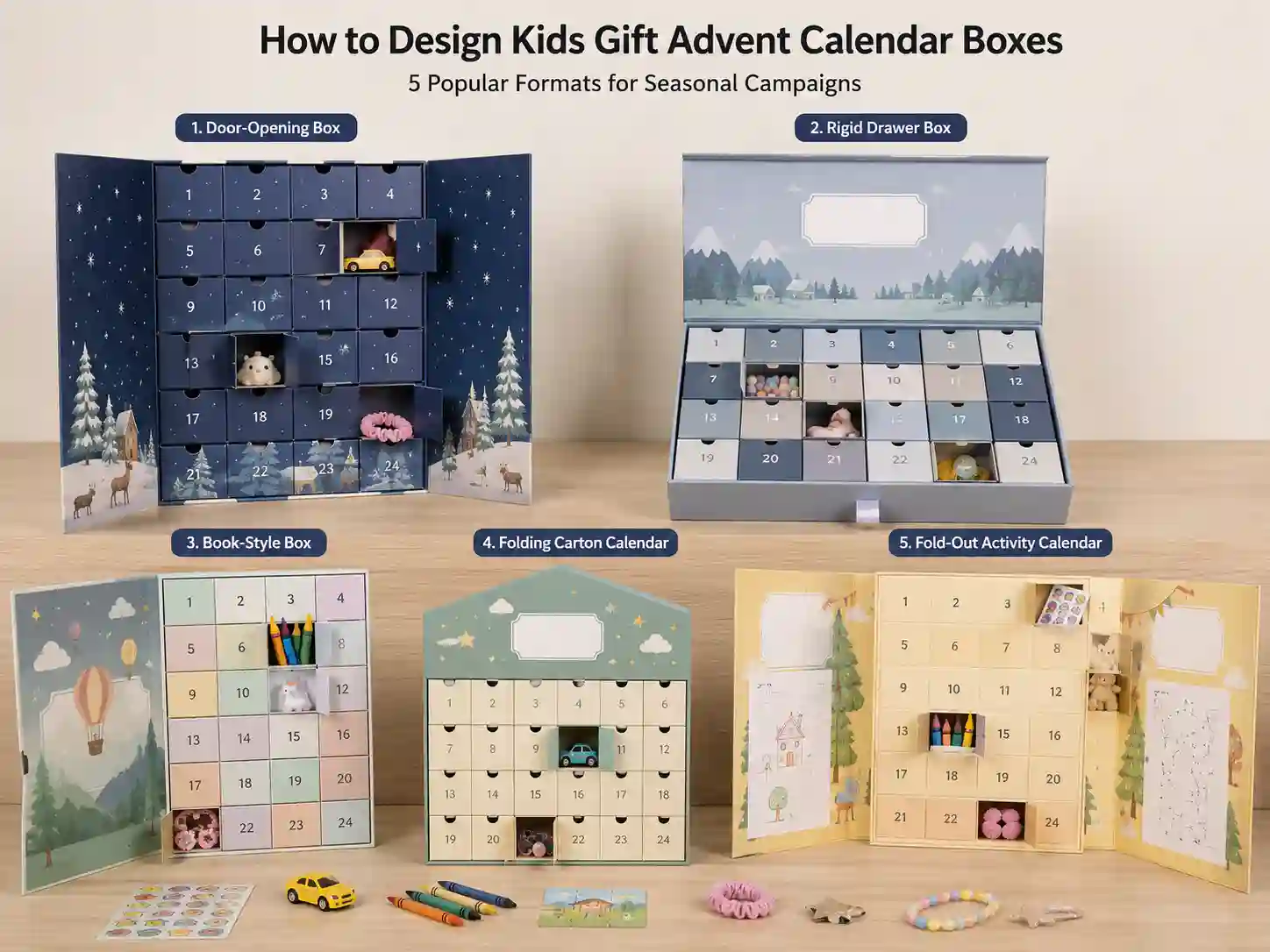 Finished kids gift advent calendar box structure comparison with generic small gifts and fitted compartments for B2B seasonal packaging design.