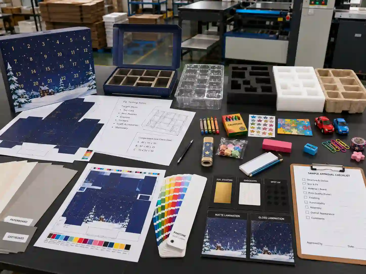 Kids gift advent calendar box development table with dieline sheets, material swatches, insert samples, artwork proof, and sample approval checklist.