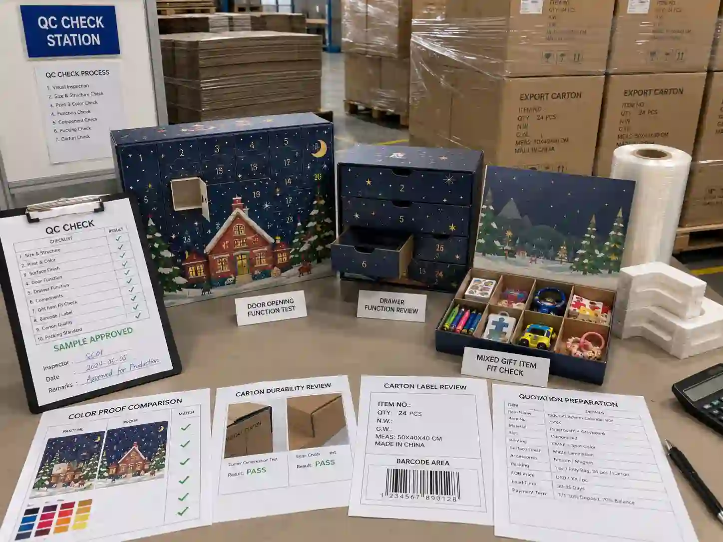 QC and export packing review for kids gift advent calendar boxes with inspection checklist, sample approval notes, cartons, and shipping marks.