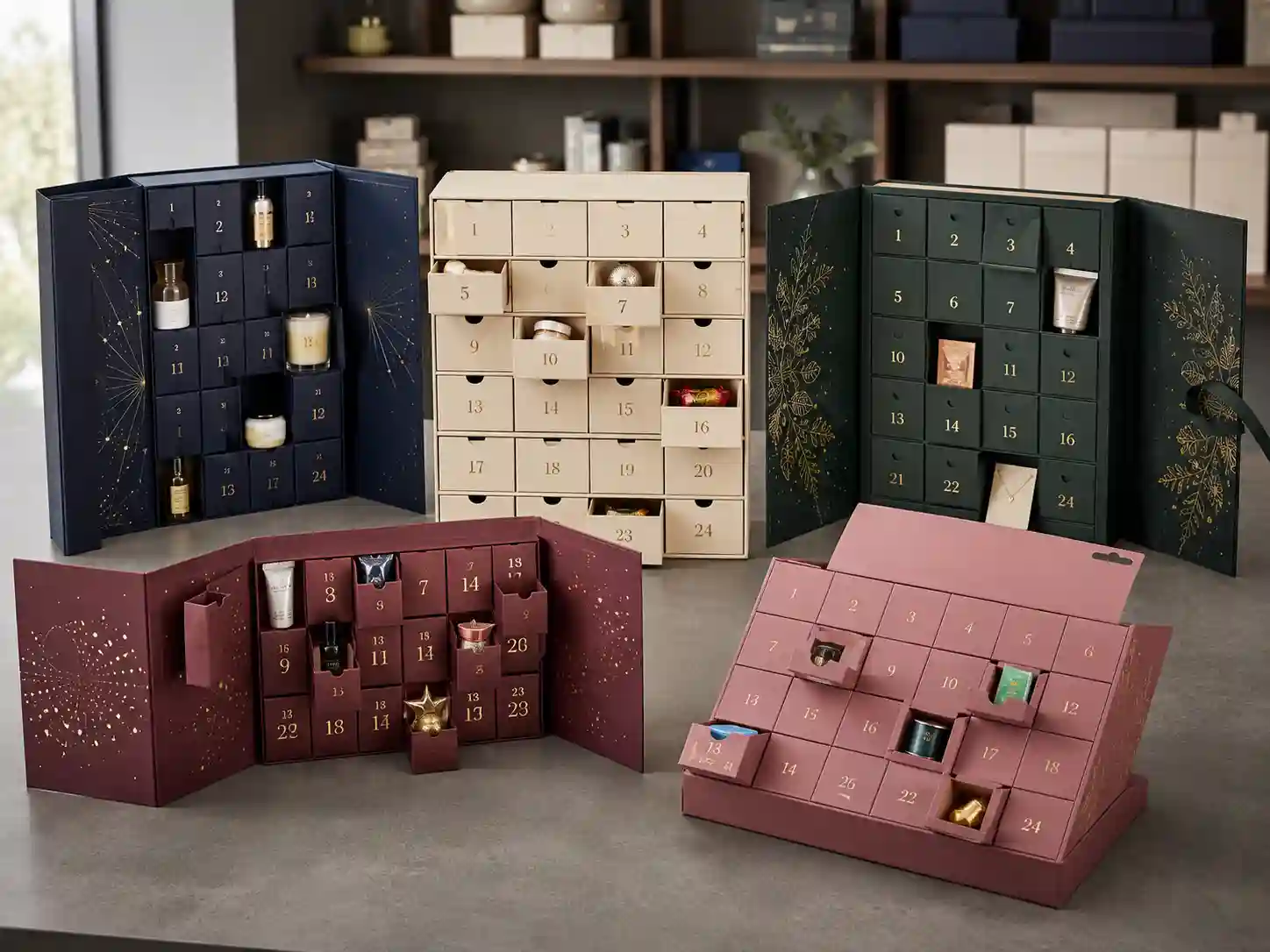 Finished structure and product application comparison for luxury advent calendar boxes