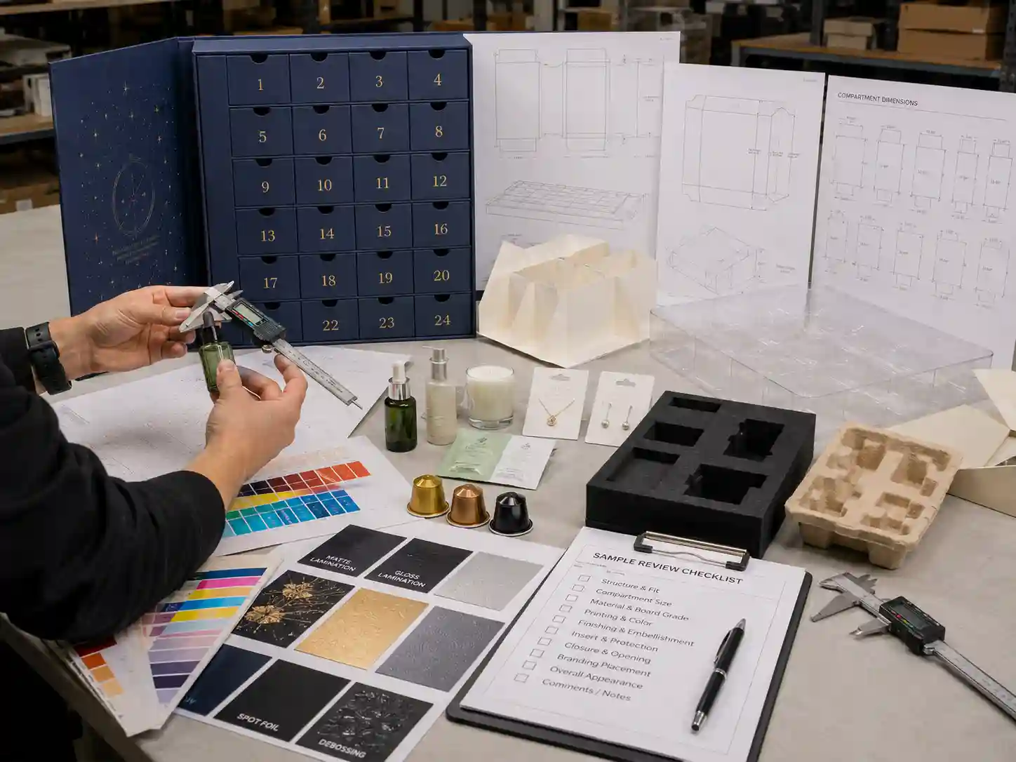 Dieline, insert, material, artwork proof, and product-fit planning for luxury advent calendar boxes