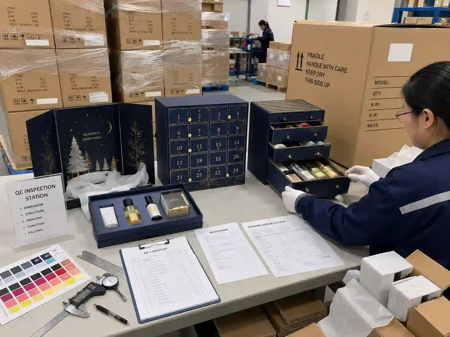 Quality control, export packing, and quotation preparation for luxury advent calendar boxes