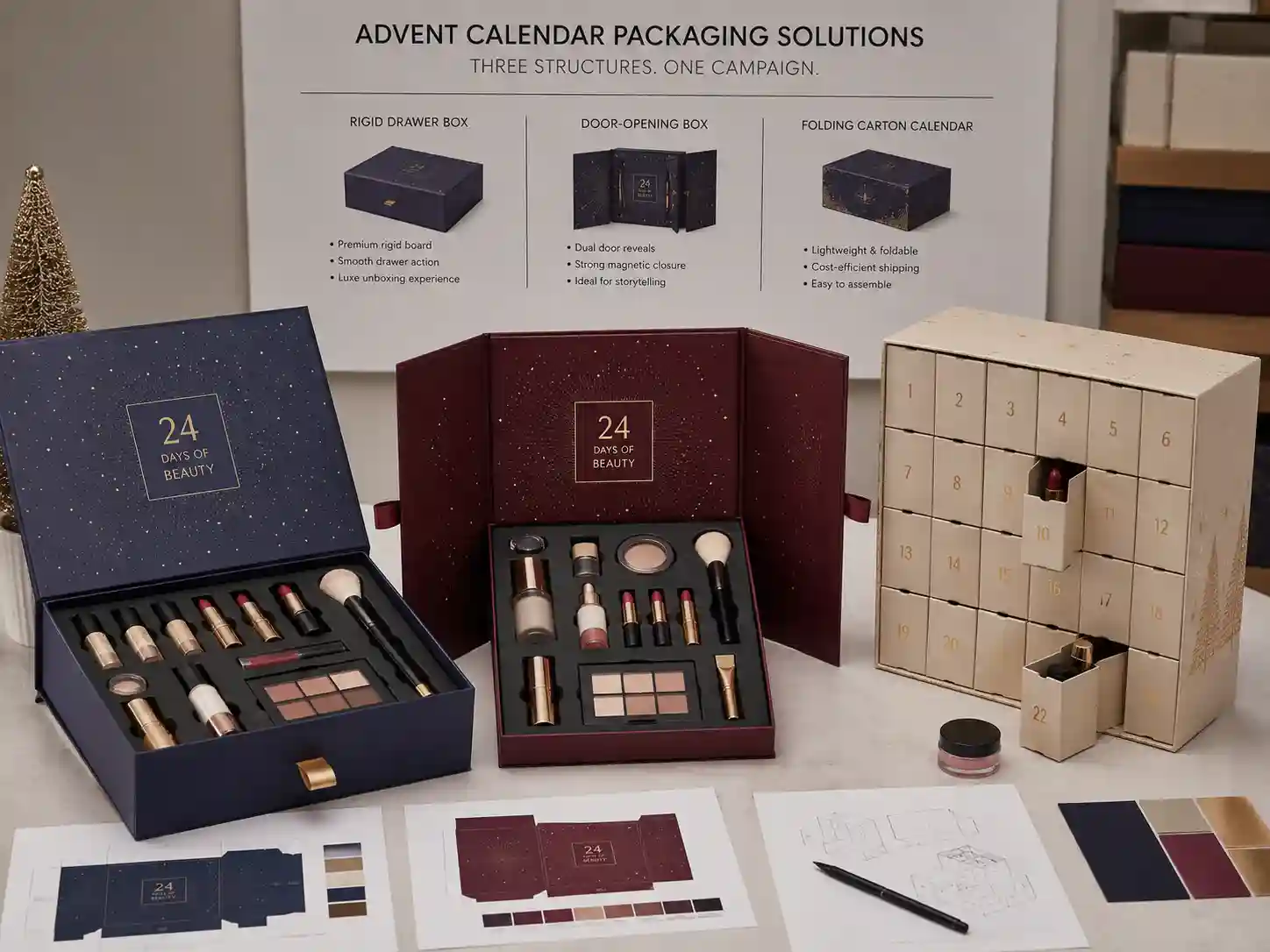 Finished makeup advent calendar box samples with different structures and fitted cosmetic inserts for seasonal campaign planning