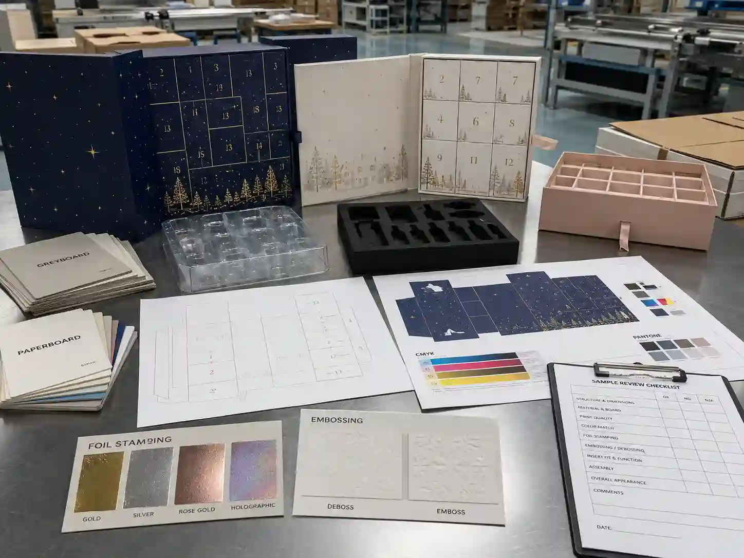 Factory planning table with dielines, material swatches, insert samples, and artwork proof for makeup advent calendar box development