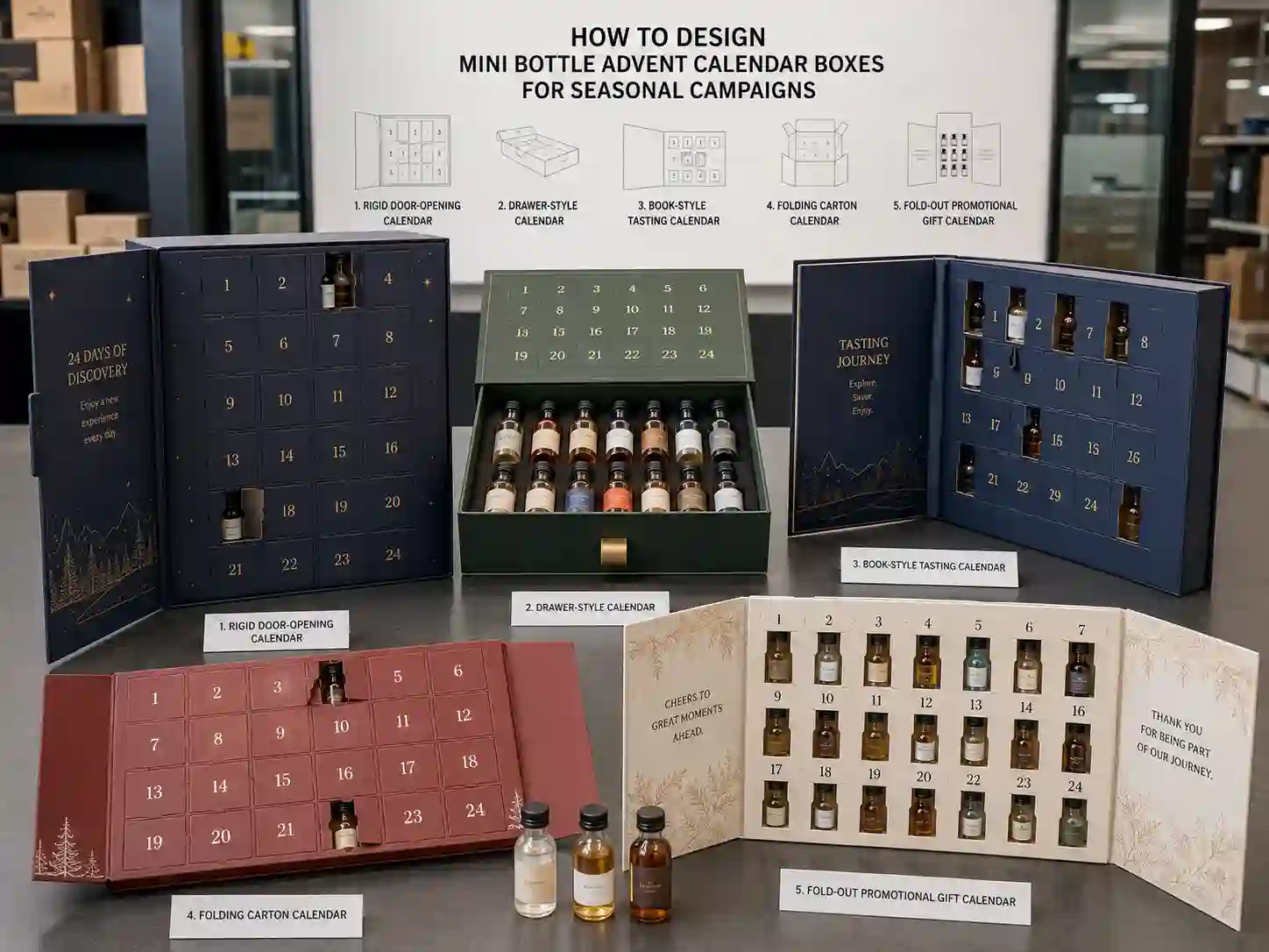 Finished mini bottle advent calendar box structure comparison for B2B seasonal packaging campaigns