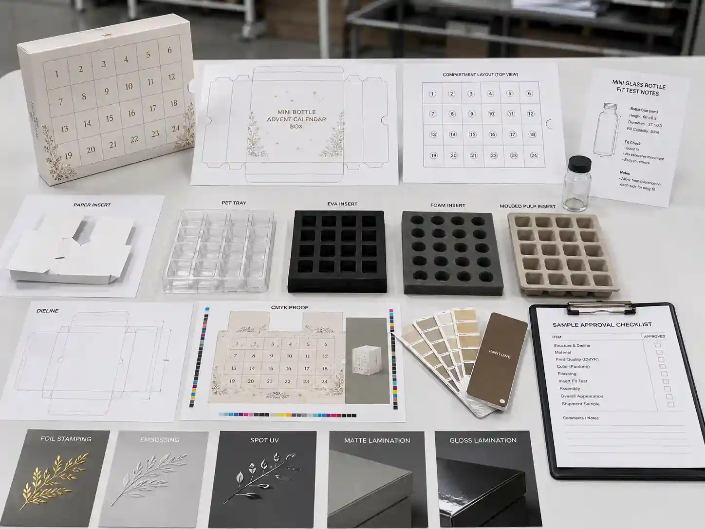 Mini bottle advent calendar box dieline insert material and artwork proof review for custom packaging