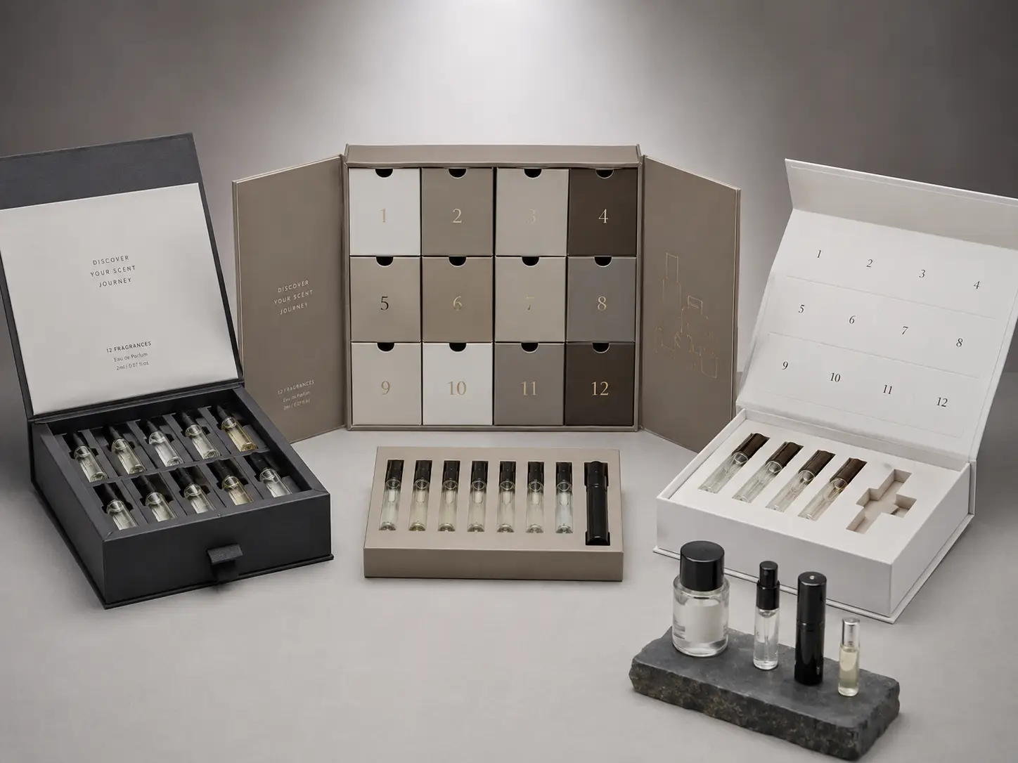 Finished perfume sample advent calendar box structures with glass vials and fitted inserts for seasonal campaign planning