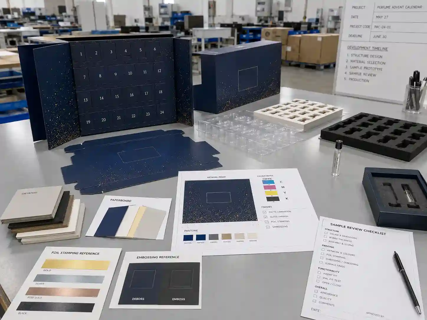 Perfume sample advent calendar box development table with dielines, material swatches, insert samples, and artwork proof