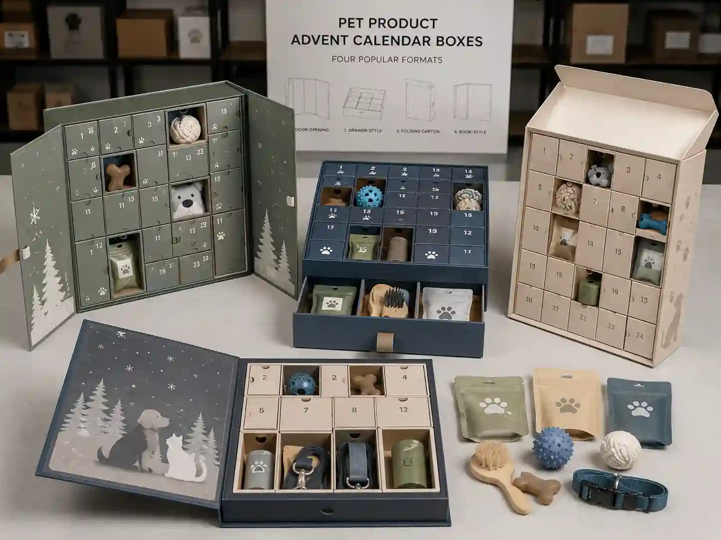 Finished pet product advent calendar box samples with different structures and fitted compartments for B2B seasonal campaigns
