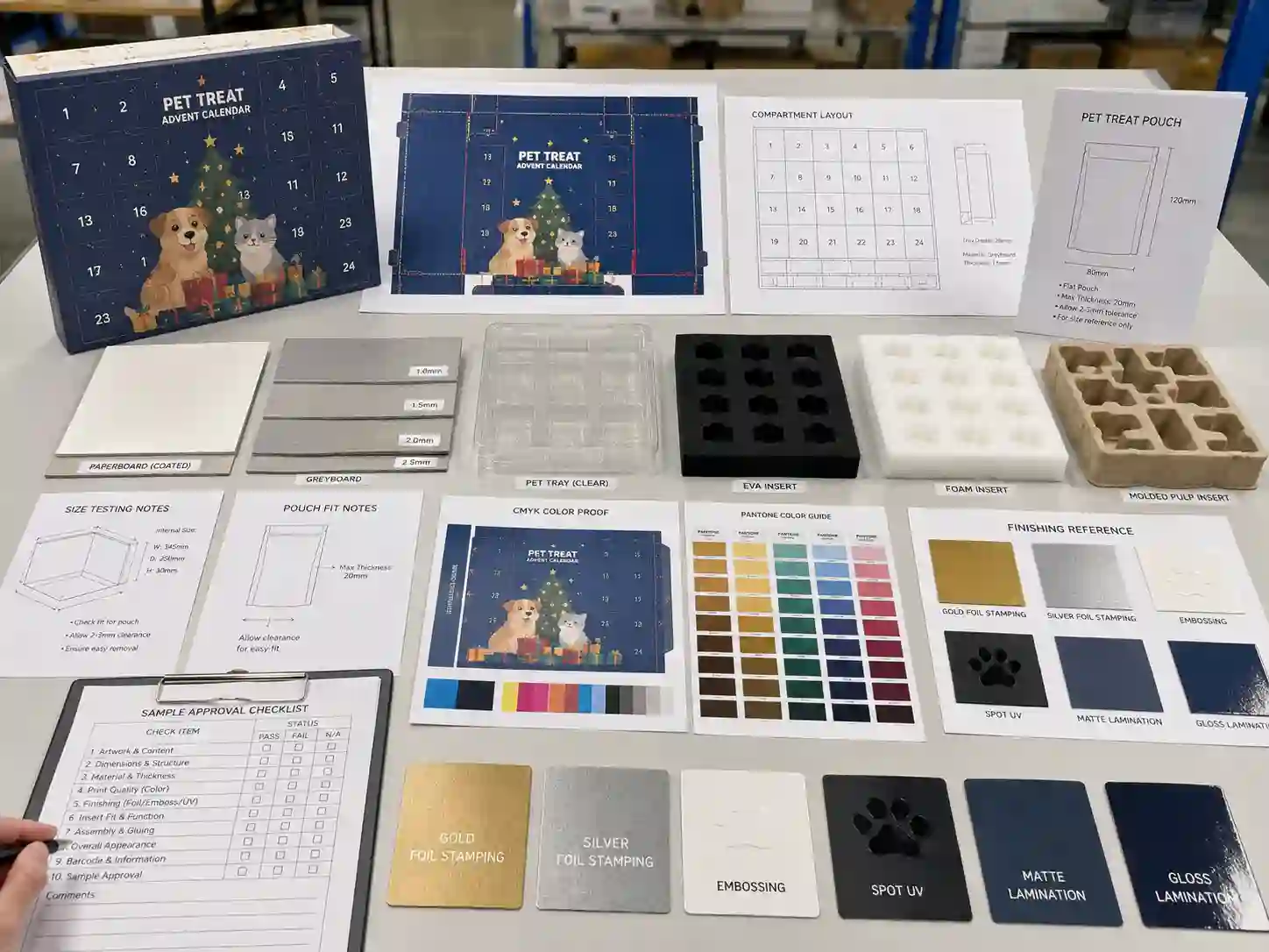 Dieline, insert samples, material swatches, and artwork proof review for custom pet product advent calendar boxes