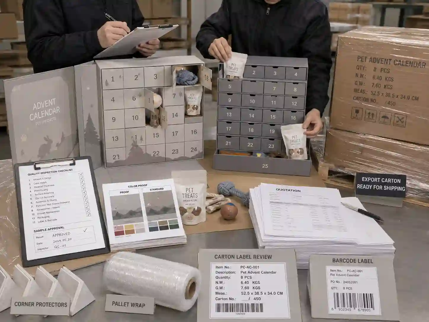 QC inspection, product fit testing, export cartons, and quotation documents for pet product advent calendar boxes