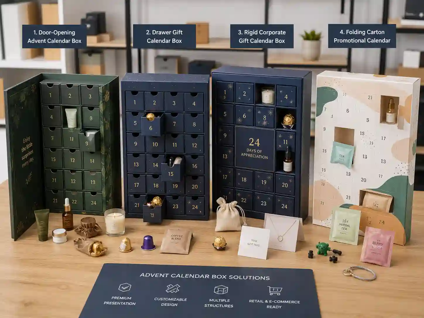 Finished promotional gift advent calendar box samples comparing door-opening, drawer, rigid, and folding carton structures for seasonal campaigns