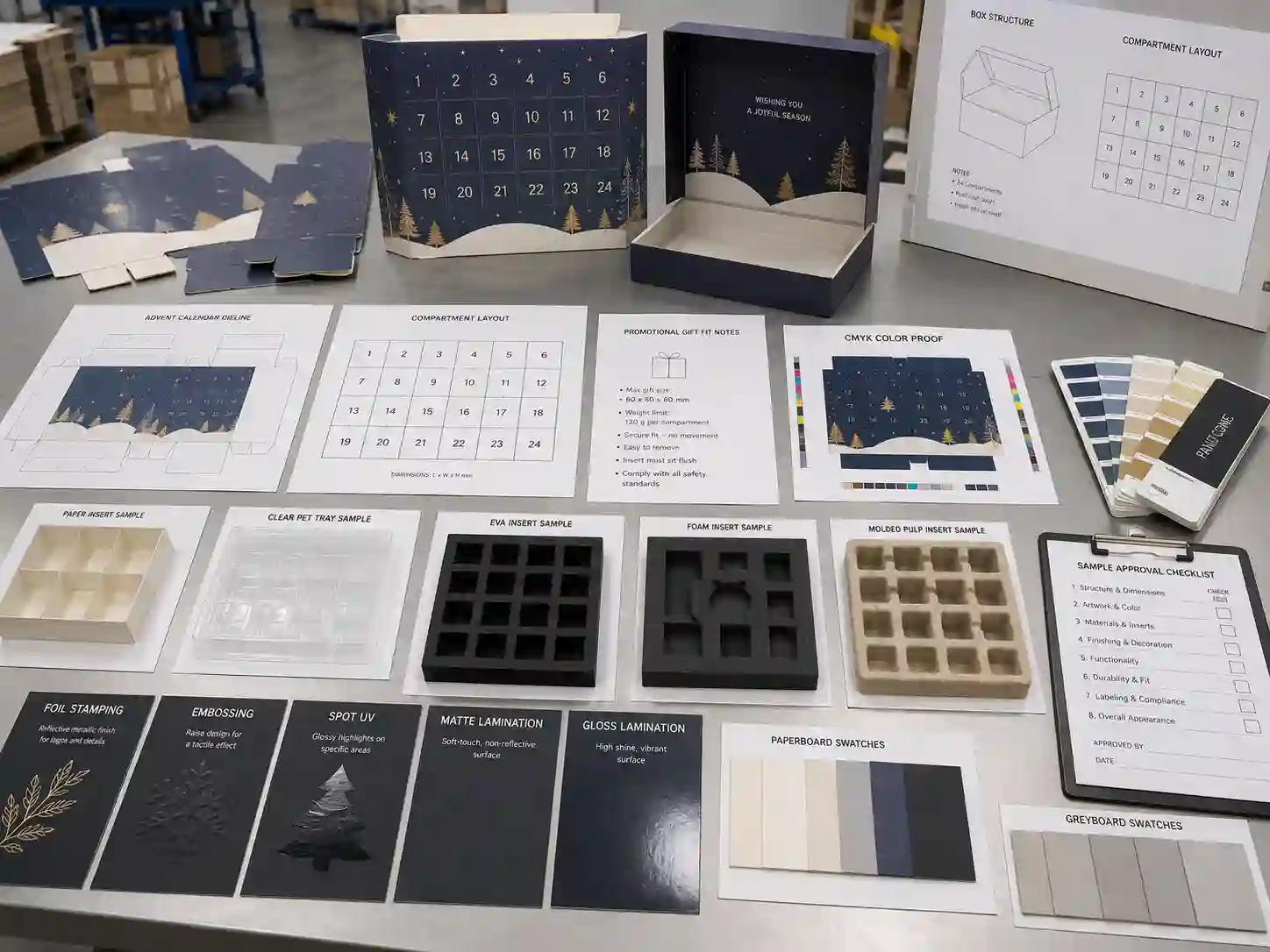Production planning table for promotional gift advent calendar boxes with dielines, material swatches, inserts, and artwork proof checks