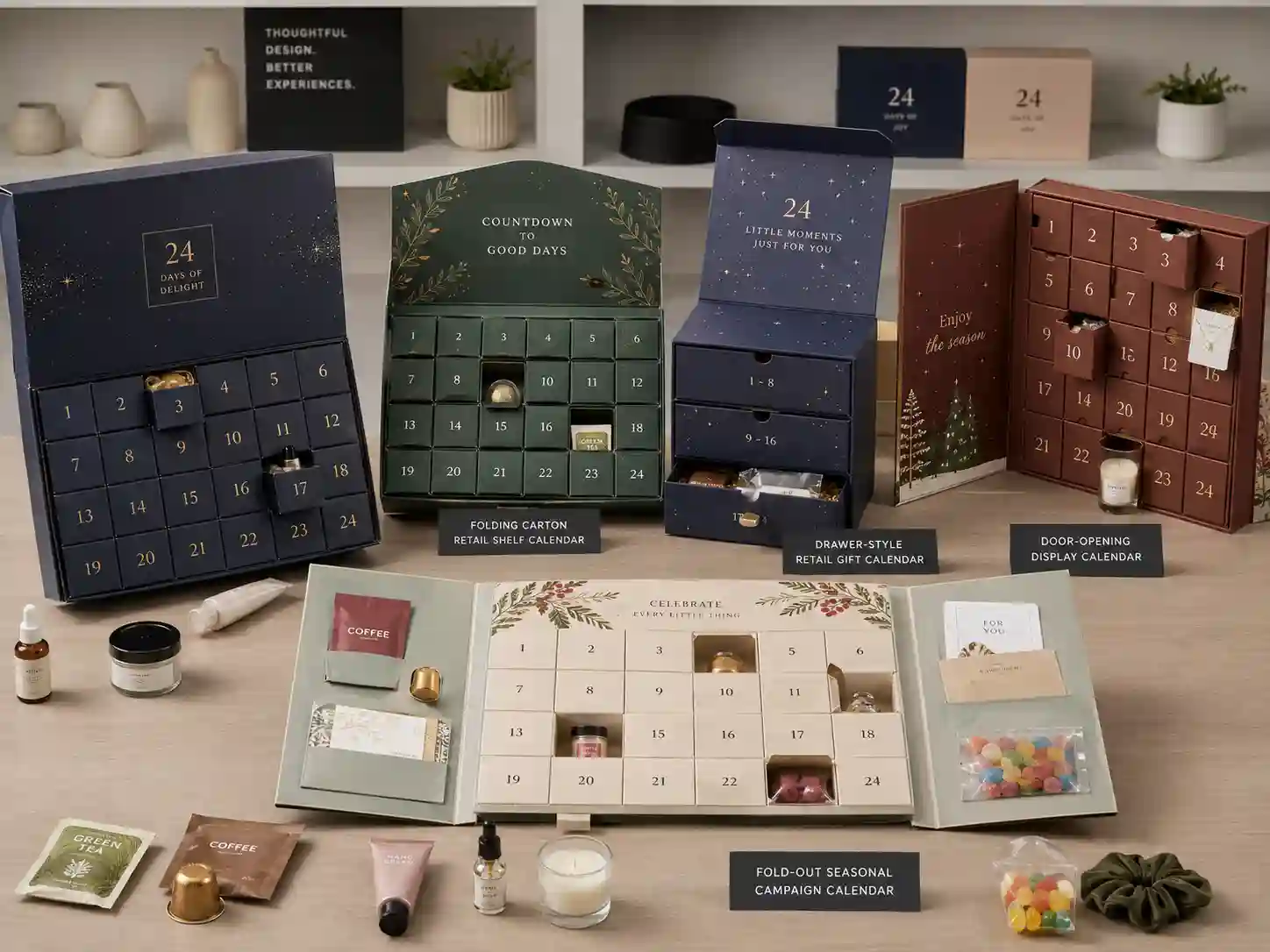 Finished retail advent calendar box structure comparison for seasonal campaign planning
