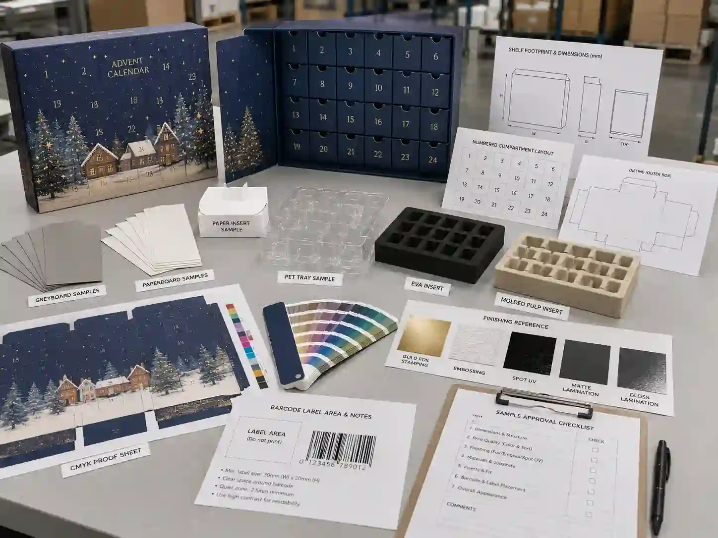 Retail advent calendar box dieline material insert and artwork planning table