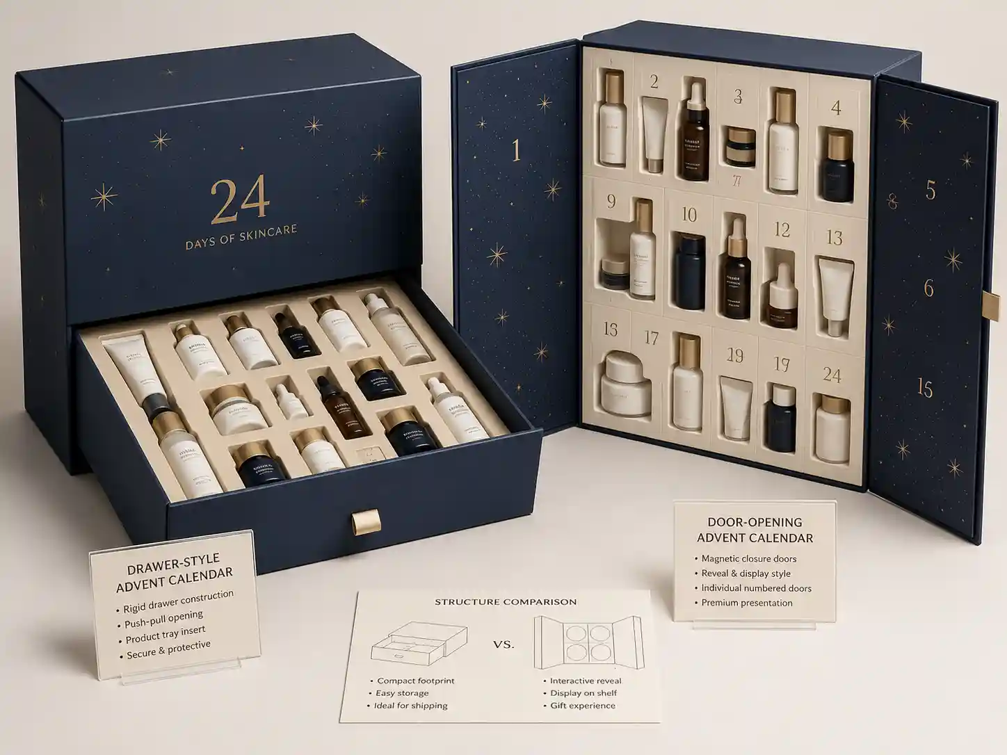 Finished skincare advent calendar box samples with inserts for seasonal campaign structure comparison