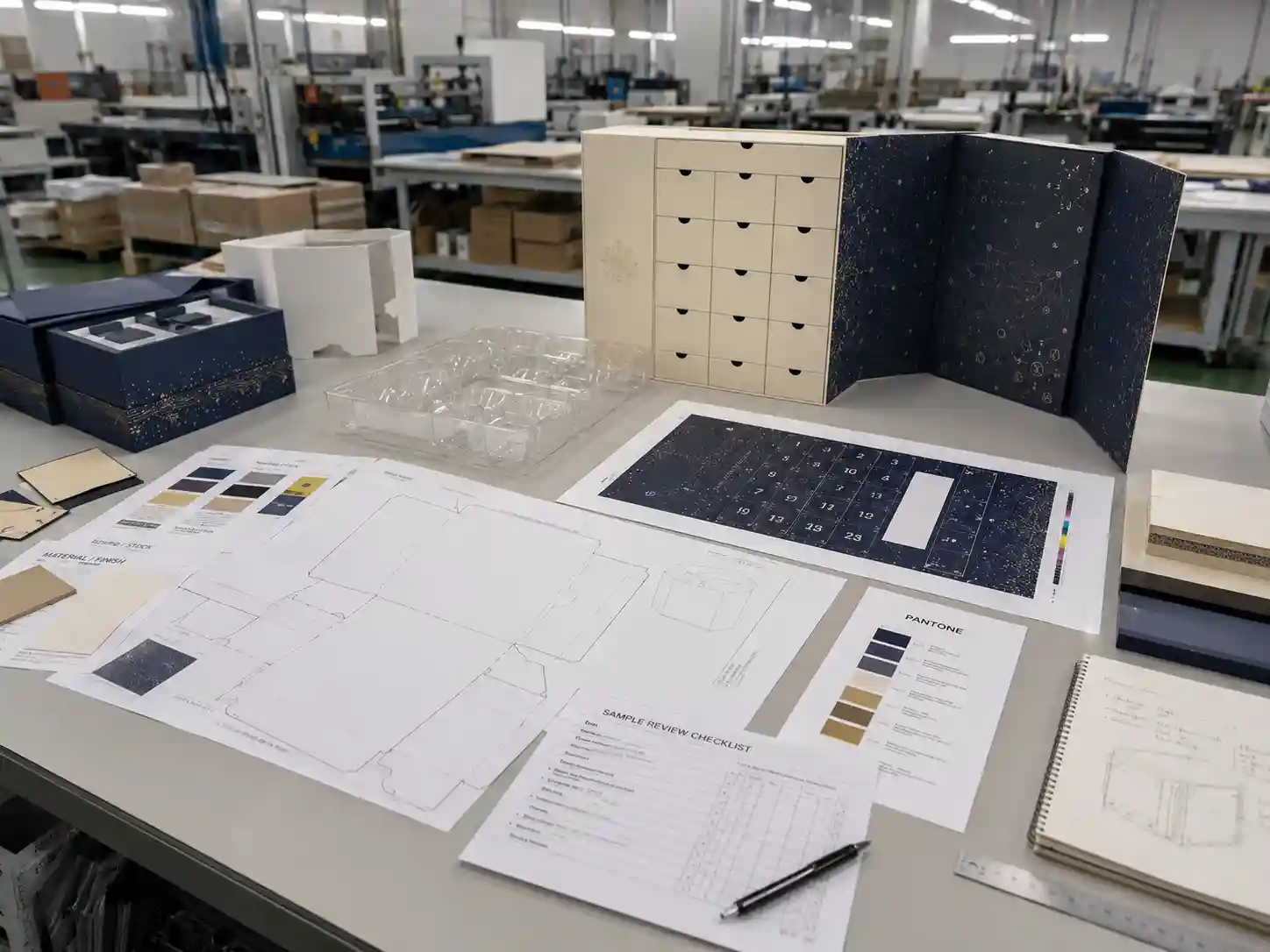 Dieline artwork proof material swatches and insert samples for skincare advent calendar box development