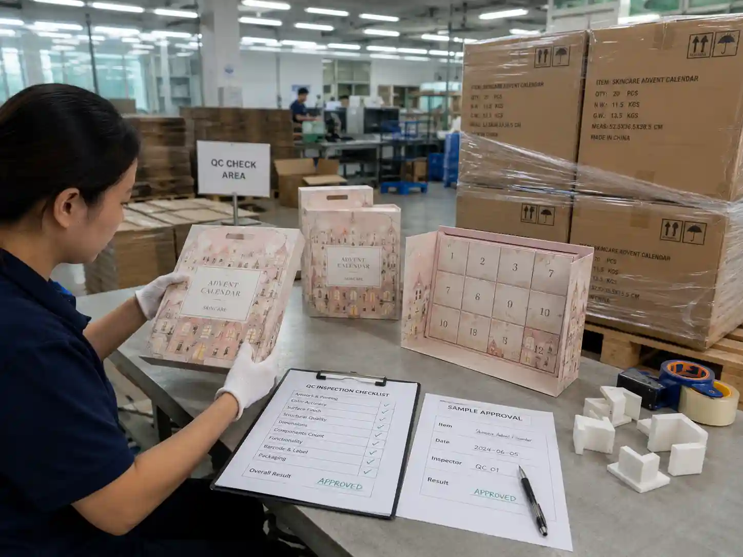 QC checklist export cartons and pallet packing for skincare advent calendar boxes