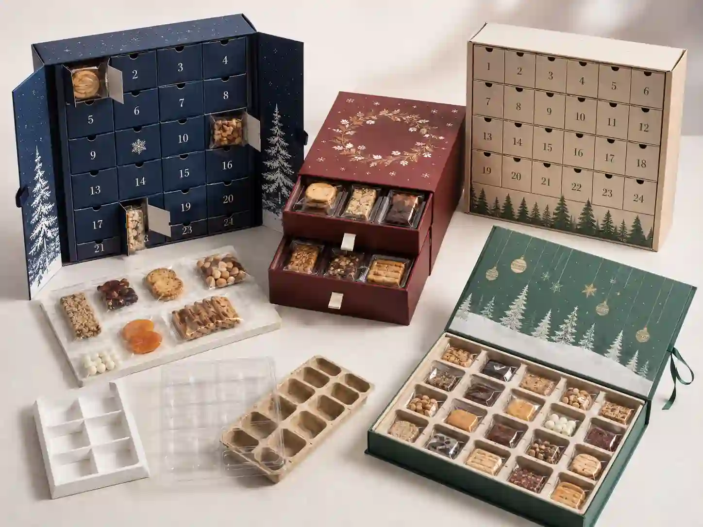 Finished sample comparison of custom snack advent calendar boxes with different structures and inserts for seasonal campaigns