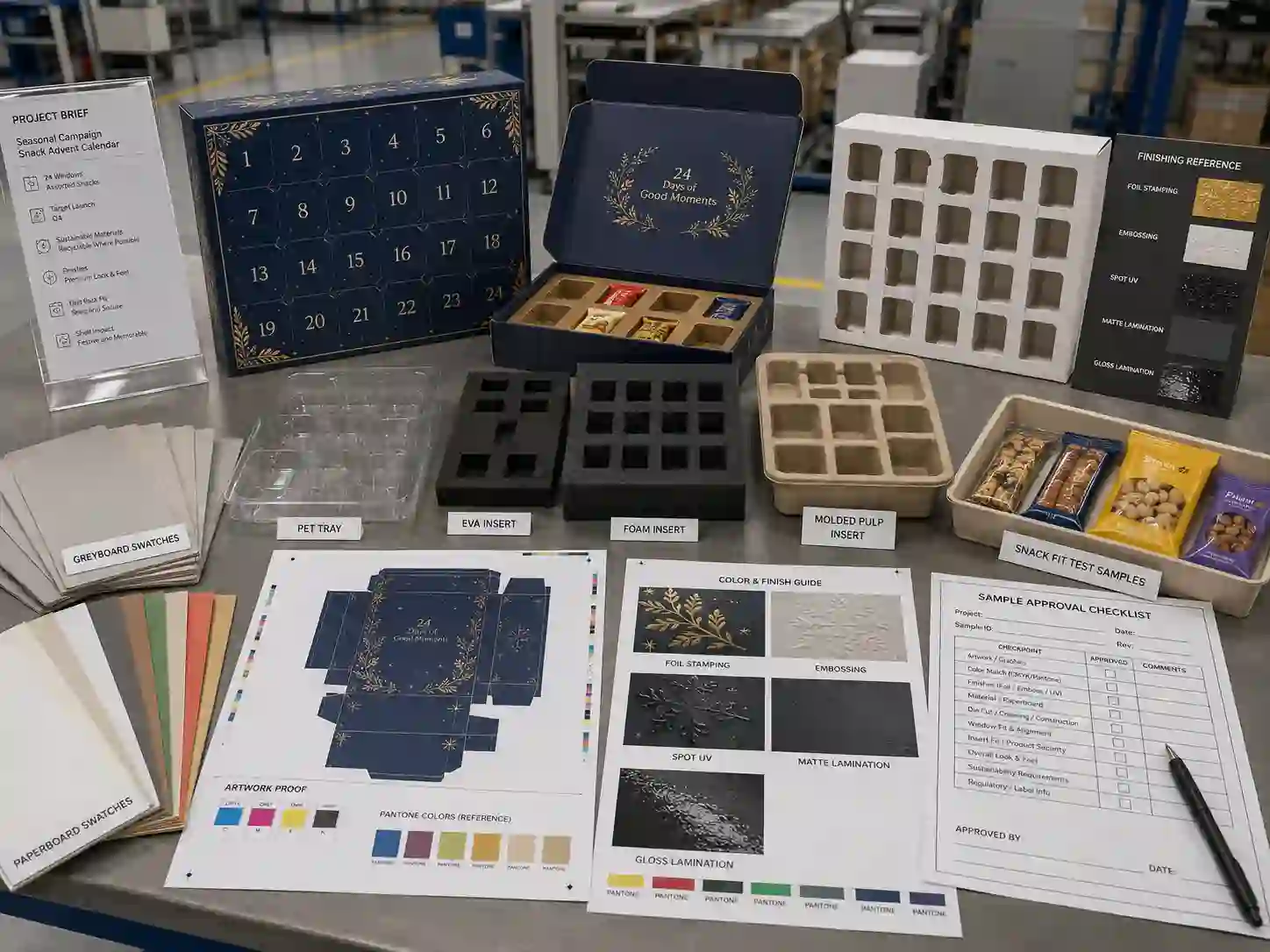 Factory planning table for snack advent calendar box dielines, materials, inserts, artwork proofing, and sample review