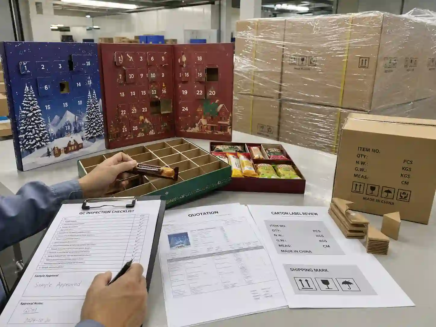 QC and export packing review for custom snack advent calendar boxes with cartons, shipping marks, and quotation documents