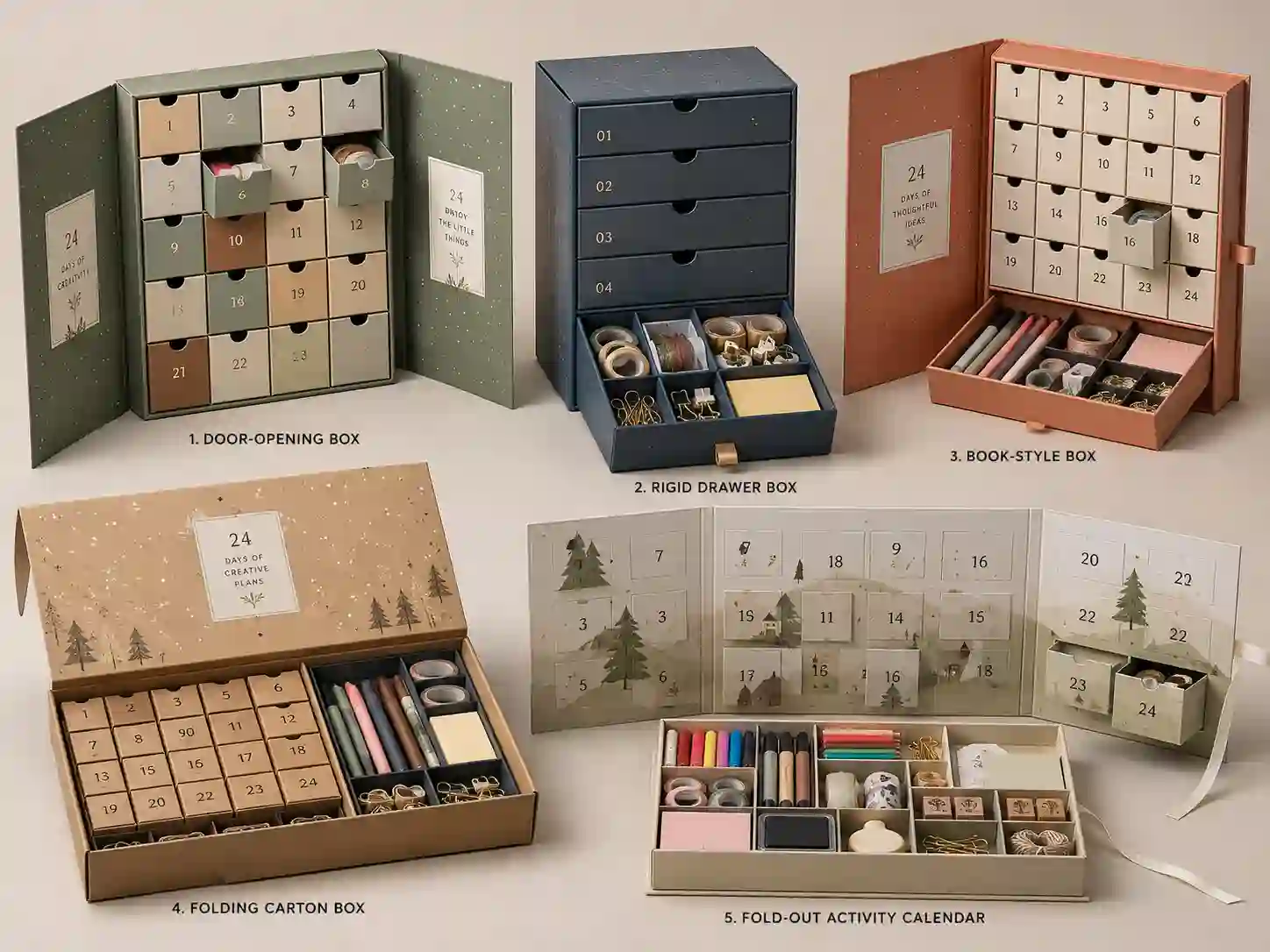 Finished stationery advent calendar box structure samples with fitted compartments for pens, stickers, washi tapes, and craft accessories.