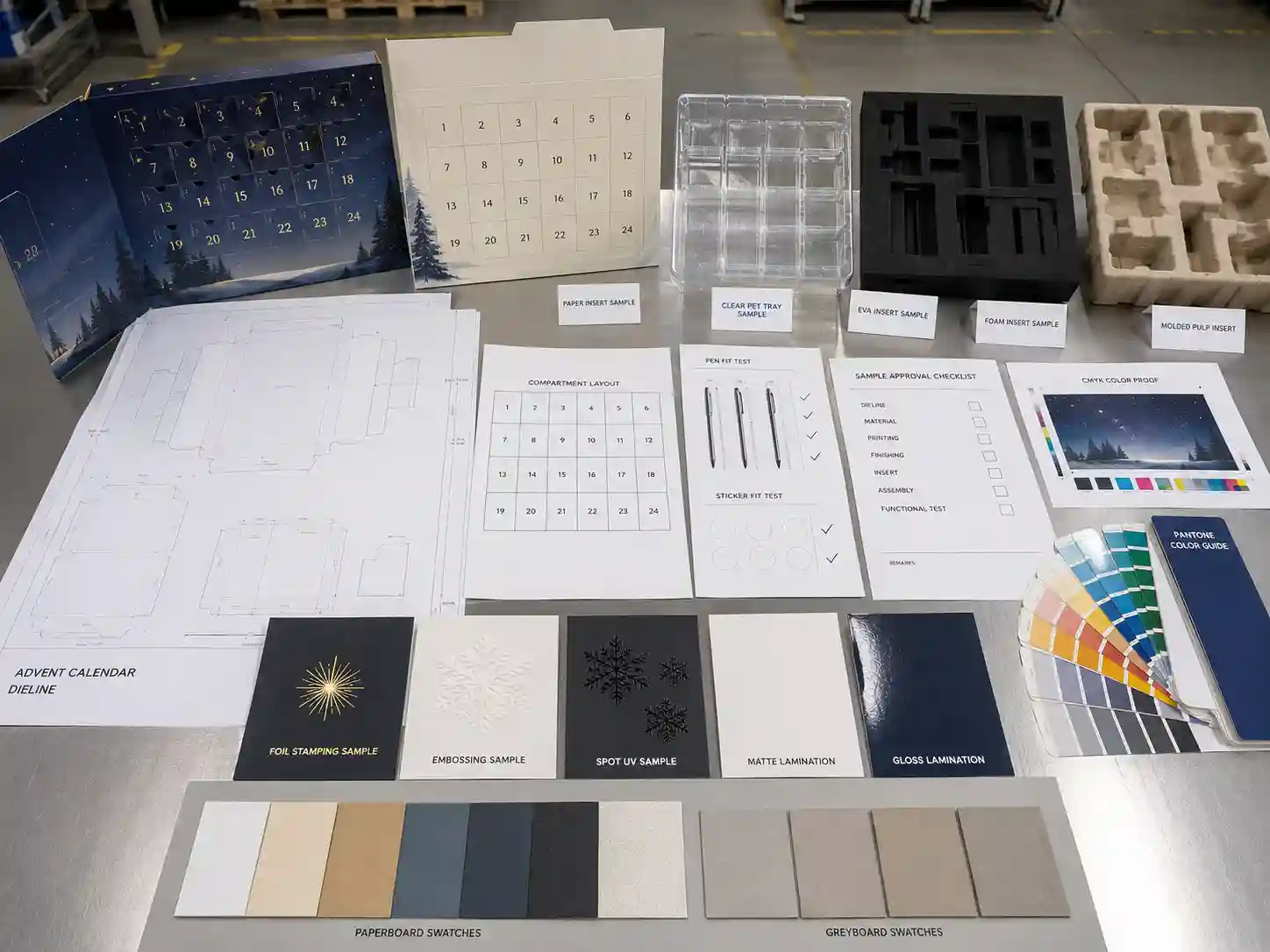 Stationery advent calendar box production planning table with dielines, material swatches, insert samples, and artwork proof checks.