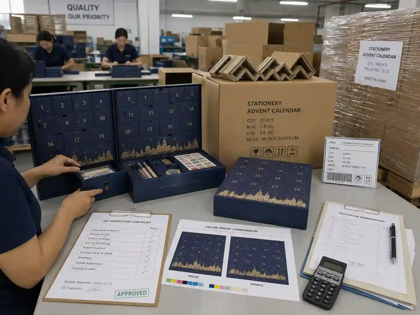 QC and export packing inspection for stationery advent calendar boxes with cartons, shipping marks, and sample approval notes.