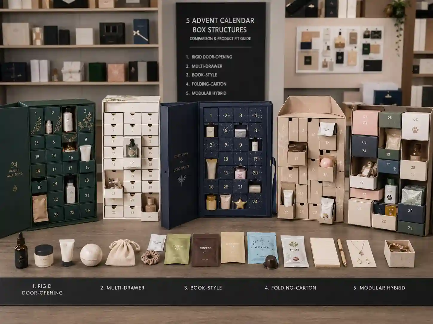 Finished subscription advent calendar box structures with numbered product compartments