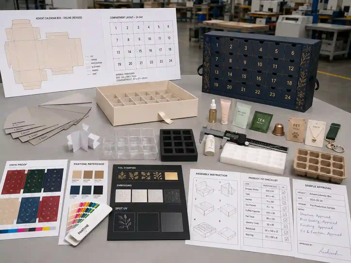 Subscription advent calendar dieline, insert samples, materials, and artwork proofs