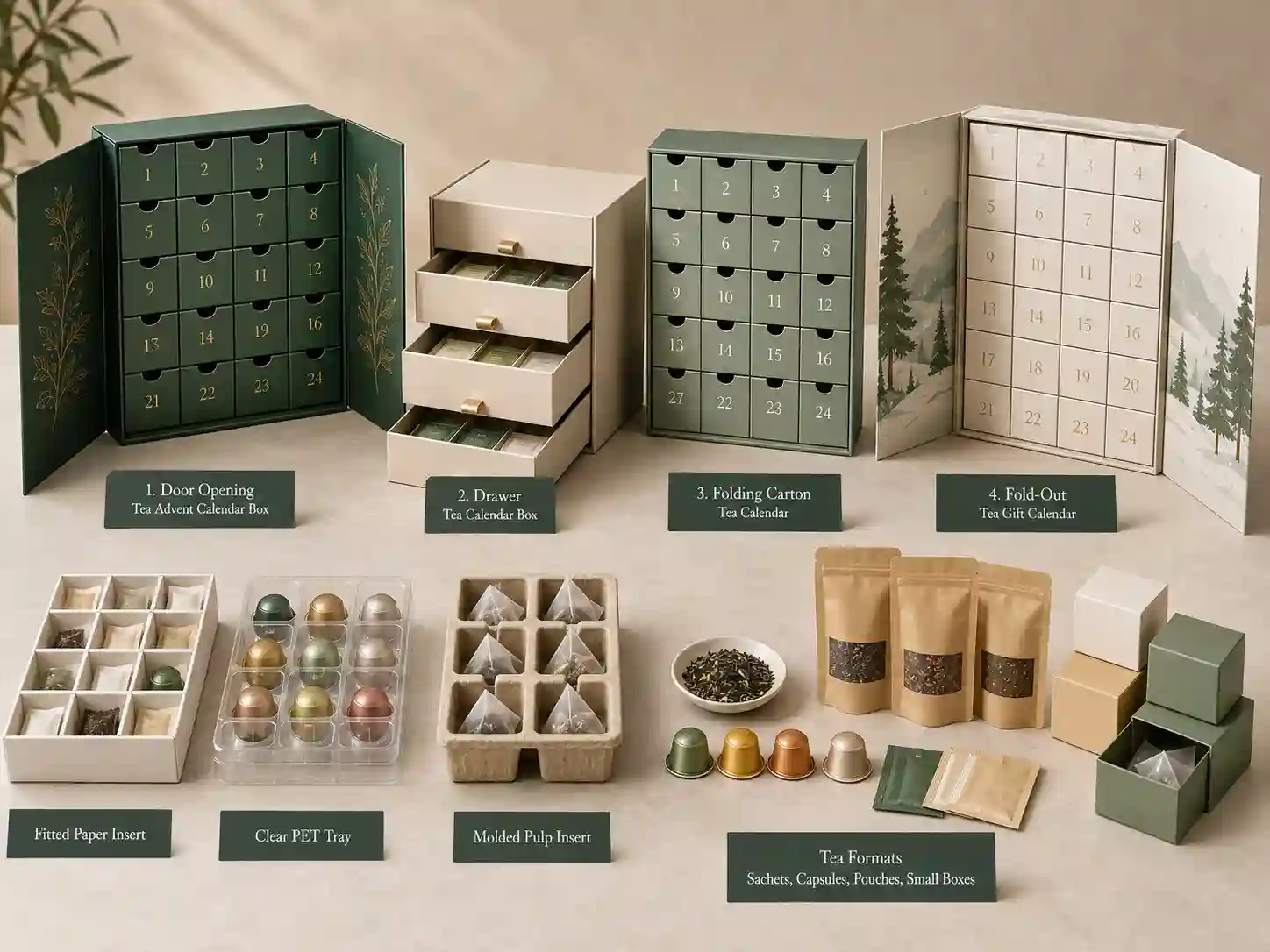Finished tea advent calendar box structure comparison with sachets, capsules, pouches, inserts, and paperboard packaging samples