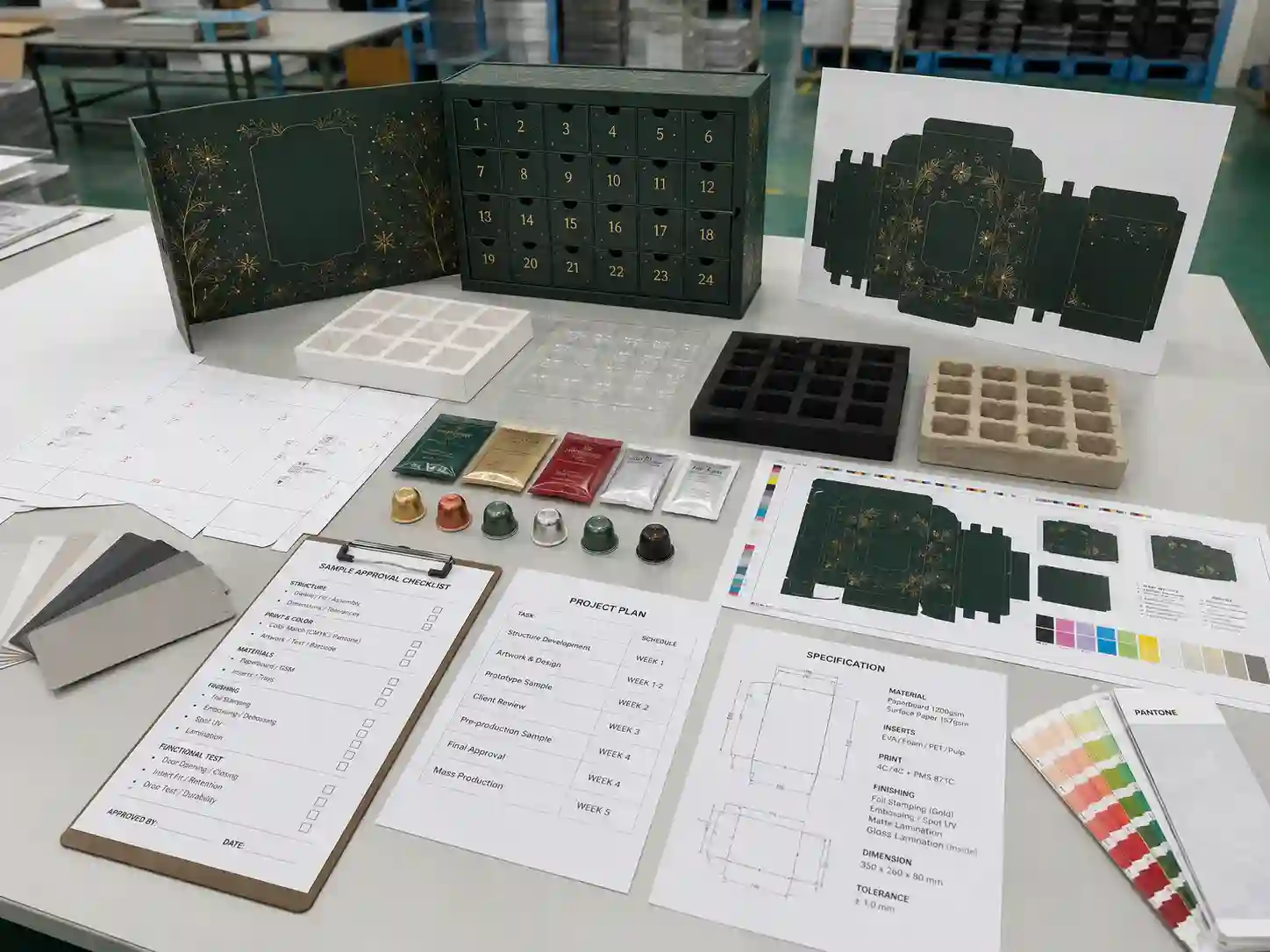 Tea advent calendar box development table with dielines, material swatches, insert samples, artwork proof, and sample checklist