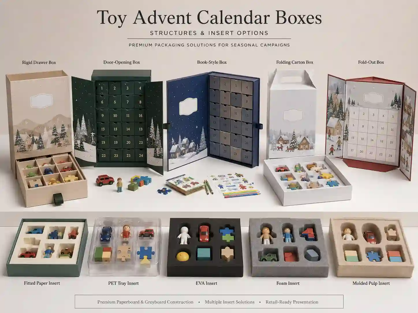 Finished toy advent calendar box structure comparison with mixed toy compartments and retail display layouts