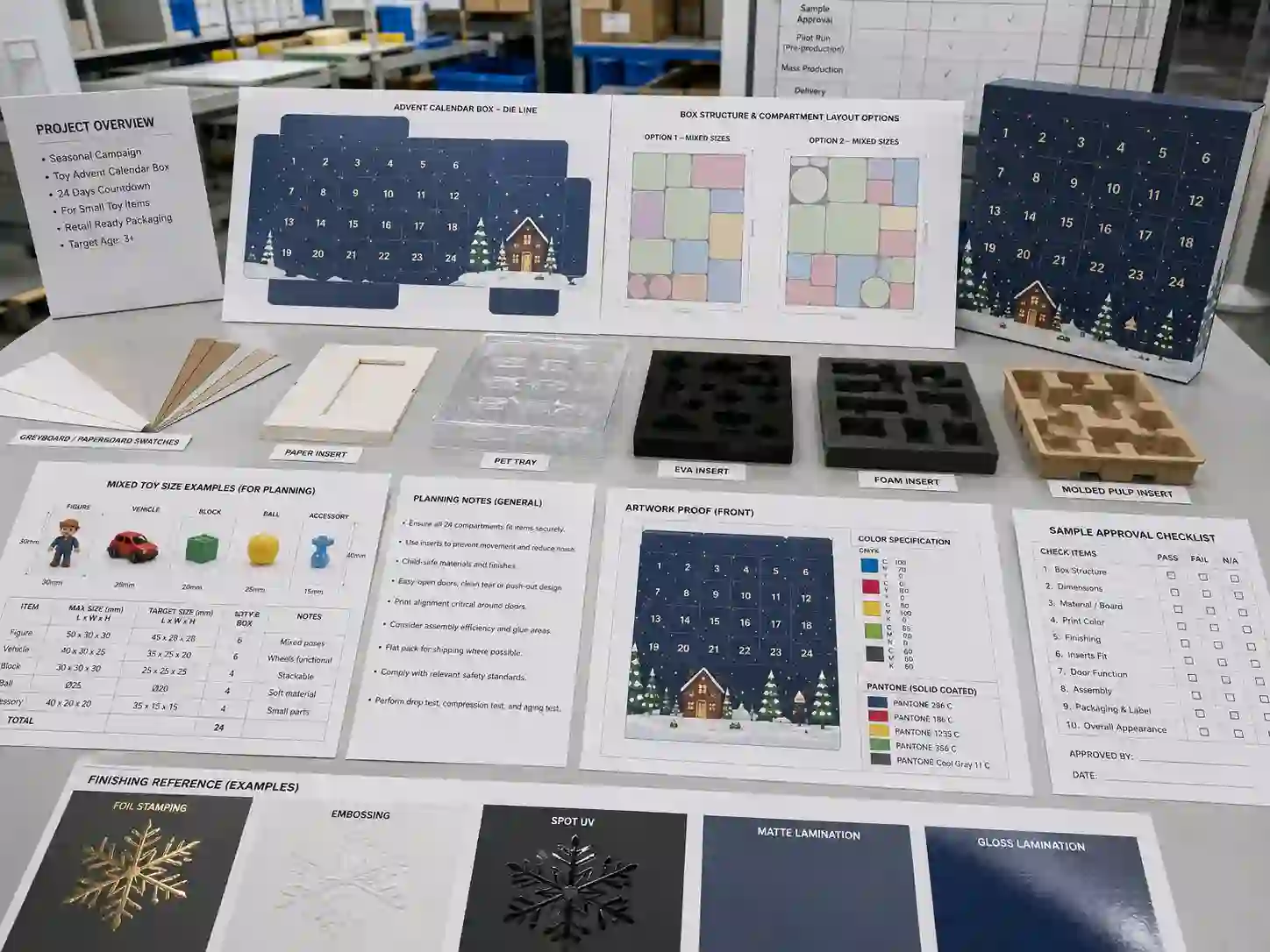Toy advent calendar dieline planning table with material swatches, insert samples, artwork proof, and sample checklist